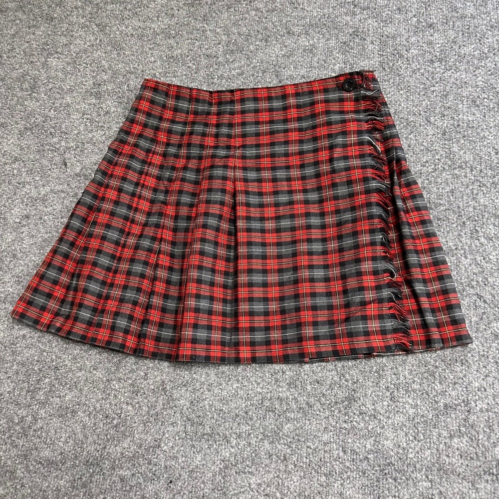 Urban Vibe Skirt Womens Size 9 Red Plaid Pleated Viscose Rayon Fringe Wrap Mini